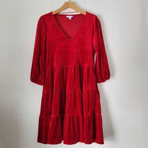 Red Velvet Tiered Mini Dress V-Neck Bold 3/4 Sleeves S